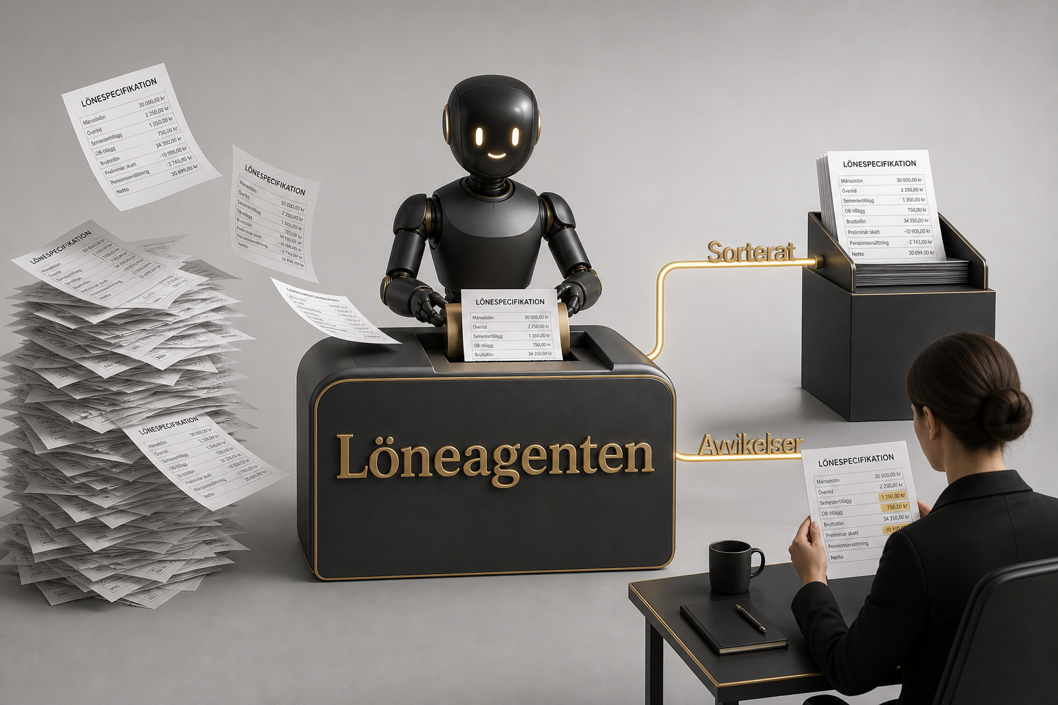 Lönespecar går genom Löneagenten. Det som stämmer sorteras. Avvikelser går till granskaren.
